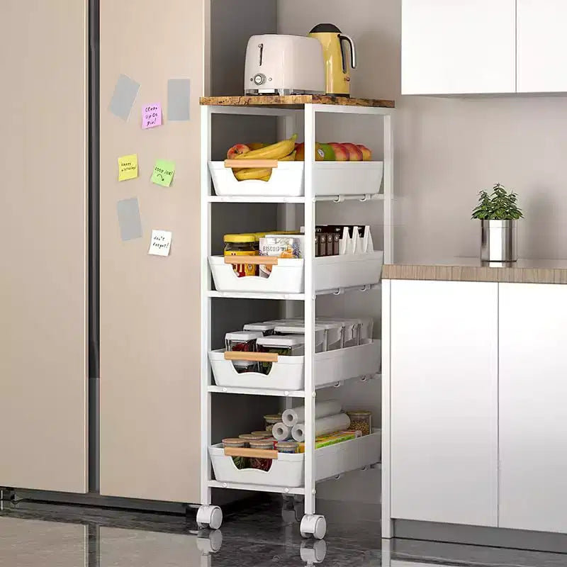 Chariot de Rangement Mince à roulettes à 5 Niveaux, en Métal Blanc avec Plateau en Bois pour Cuisine/Salle de Bain