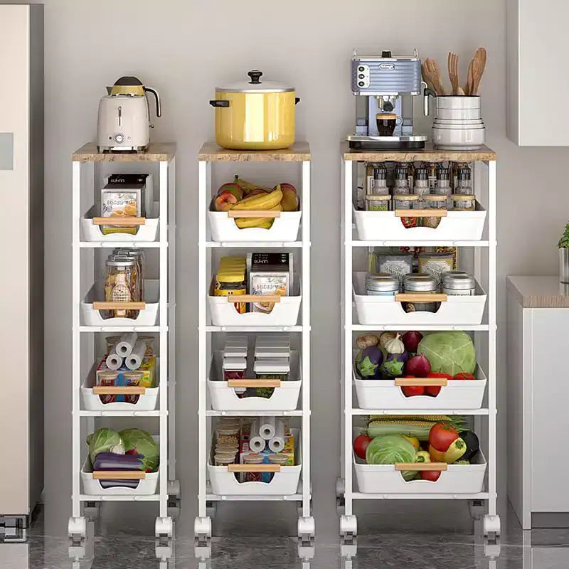 Chariot de Rangement Mince à roulettes à 5 Niveaux, en Métal Blanc avec Plateau en Bois pour Cuisine/Salle de Bain
