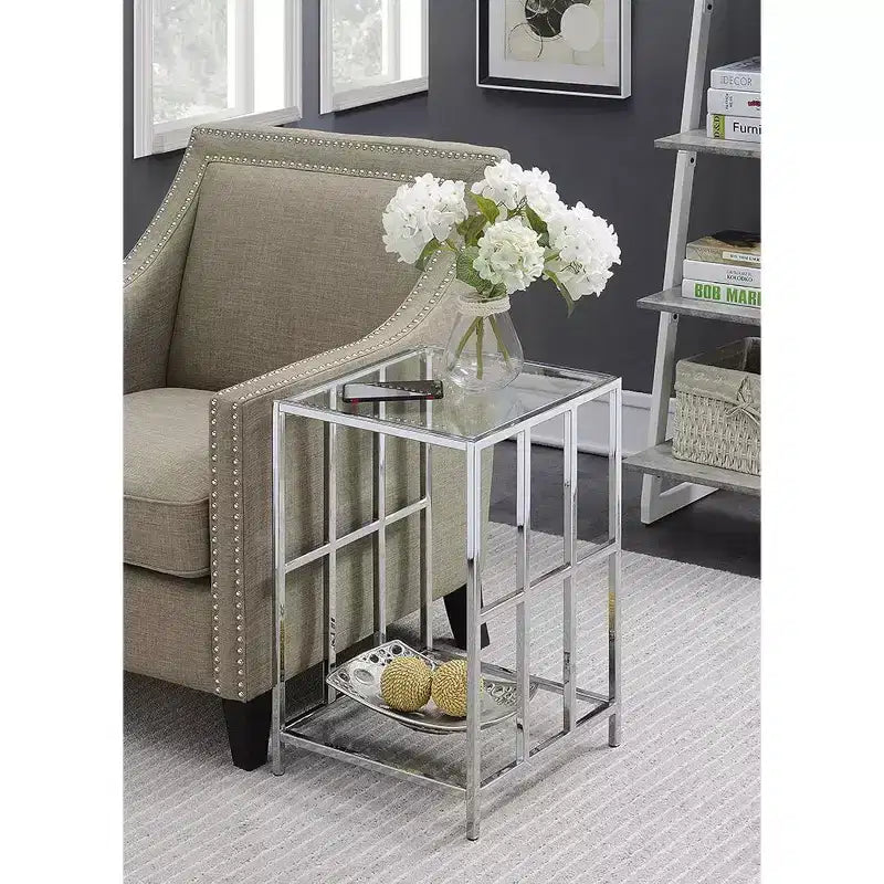 Table d'appoint rectangulaire en verre, couleur argent, 61 cm de hauteur, 1 pièce