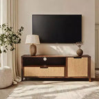 Meuble TV 55 po Noyer pour téléviseurs jusqu'à 60 po, Panneau de porte en corde tressée, Petit meuble console multimédia avec tiroir, Marron