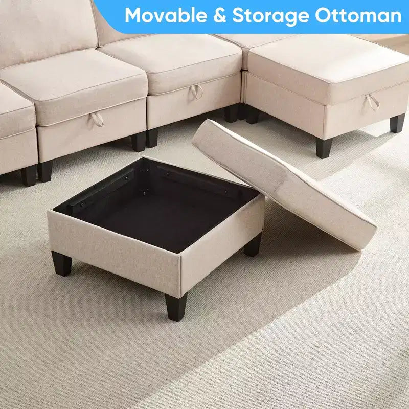 Canapé modulaire 4 places flexible avec poufs, convertible en lit en lin avec espace de rangement