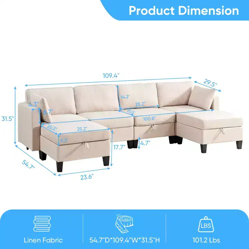 Canapé modulaire 4 places flexible avec poufs, convertible en lit en lin avec espace de rangement