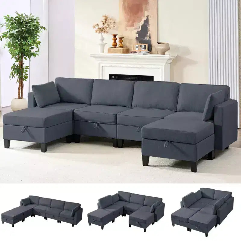Canapé modulaire 4 places flexible avec poufs, convertible en lit en lin avec espace de rangement