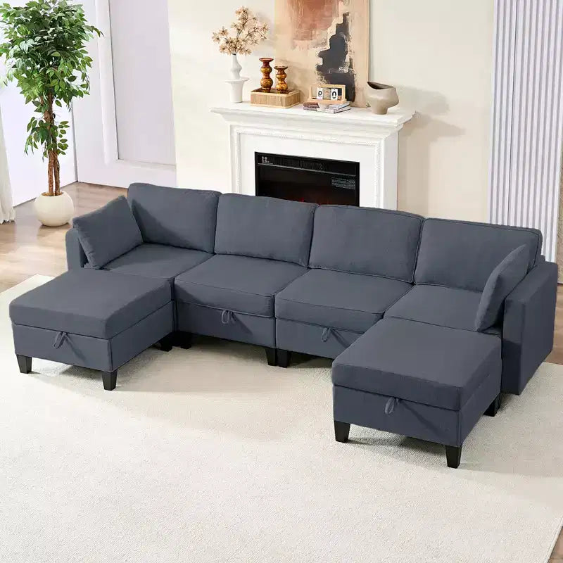 Canapé modulaire 4 places flexible avec poufs, convertible en lit en lin avec espace de rangement