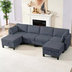 Canapé modulaire 4 places flexible avec poufs, convertible en lit en lin avec espace de rangement