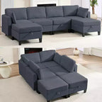Canapé modulaire 4 places flexible avec poufs, convertible en lit en lin avec espace de rangement