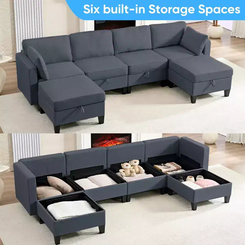 Canapé modulaire 4 places flexible avec poufs, convertible en lit en lin avec espace de rangement