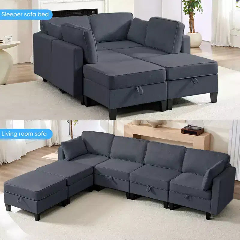 Canapé modulaire 4 places flexible avec poufs, convertible en lit en lin avec espace de rangement
