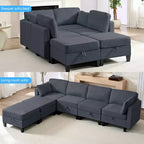 Canapé modulaire 4 places flexible avec poufs, convertible en lit en lin avec espace de rangement