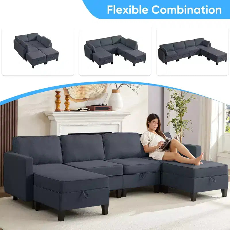 Canapé modulaire 4 places flexible avec poufs, convertible en lit en lin avec espace de rangement