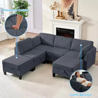 Canapé modulaire 4 places flexible avec poufs, convertible en lit en lin avec espace de rangement