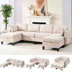 Canapé modulaire 4 places flexible avec poufs, convertible en lit en lin avec espace de rangement