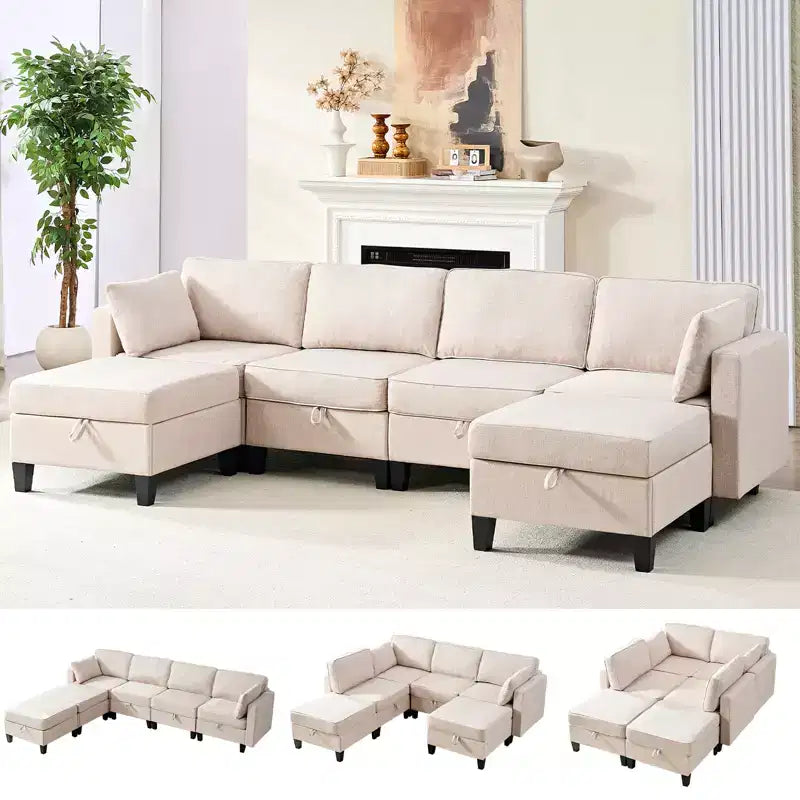 Canapé modulaire 4 places flexible avec poufs, convertible en lit en lin avec espace de rangement