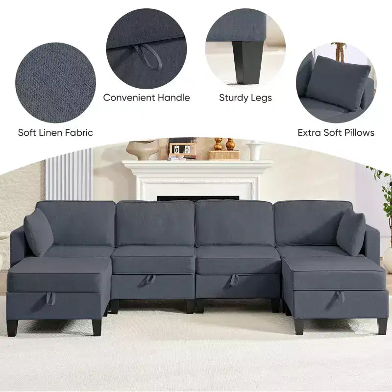 Canapé modulaire 4 places flexible avec poufs, convertible en lit en lin avec espace de rangement
