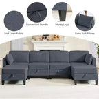 Canapé modulaire 4 places flexible avec poufs, convertible en lit en lin avec espace de rangement