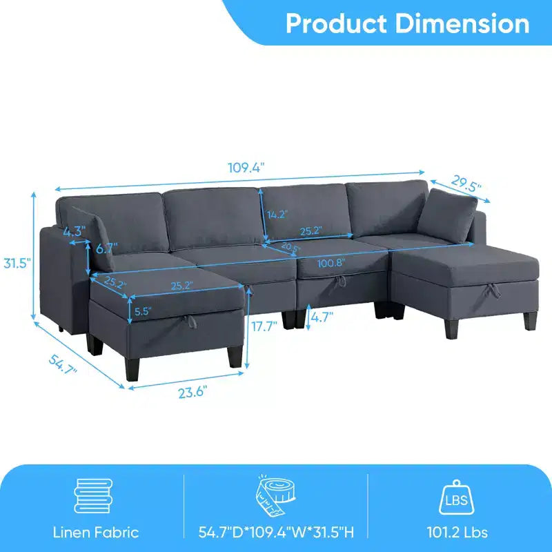 Canapé modulaire 4 places flexible avec poufs, convertible en lit en lin avec espace de rangement