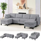 Canapé modulaire 4 places flexible avec poufs, convertible en lit en lin avec espace de rangement