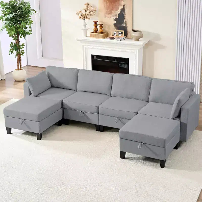 Canapé modulaire 4 places flexible avec poufs, convertible en lit en lin avec espace de rangement