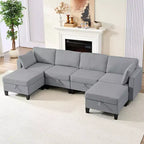 Canapé modulaire 4 places flexible avec poufs, convertible en lit en lin avec espace de rangement