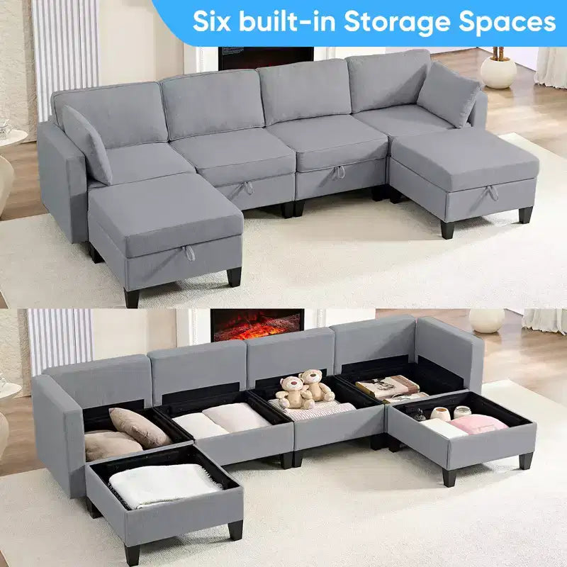 Canapé modulaire 4 places flexible avec poufs, convertible en lit en lin avec espace de rangement
