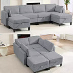 Canapé modulaire 4 places flexible avec poufs, convertible en lit en lin avec espace de rangement