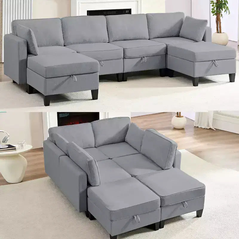 Canapé modulaire 4 places flexible avec poufs, convertible en lit en lin avec espace de rangement