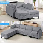 Canapé modulaire 4 places flexible avec poufs, convertible en lit en lin avec espace de rangement