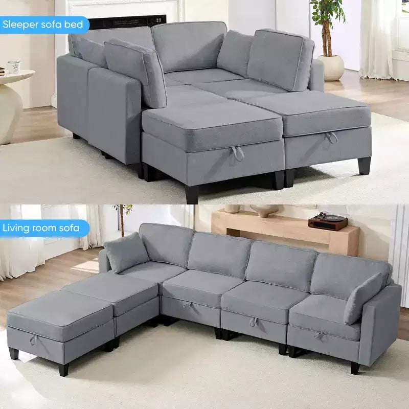 Canapé modulaire 4 places flexible avec poufs, convertible en lit en lin avec espace de rangement