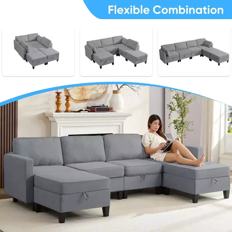 Canapé modulaire 4 places flexible avec poufs, convertible en lit en lin avec espace de rangement