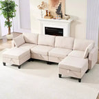 Canapé modulaire 4 places flexible avec poufs, convertible en lit en lin avec espace de rangement