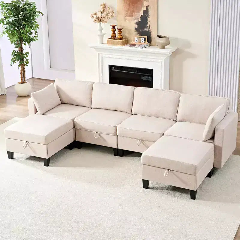 Canapé modulaire 4 places flexible avec poufs, convertible en lit en lin avec espace de rangement