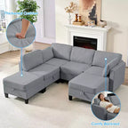 Canapé modulaire 4 places flexible avec poufs, convertible en lit en lin avec espace de rangement