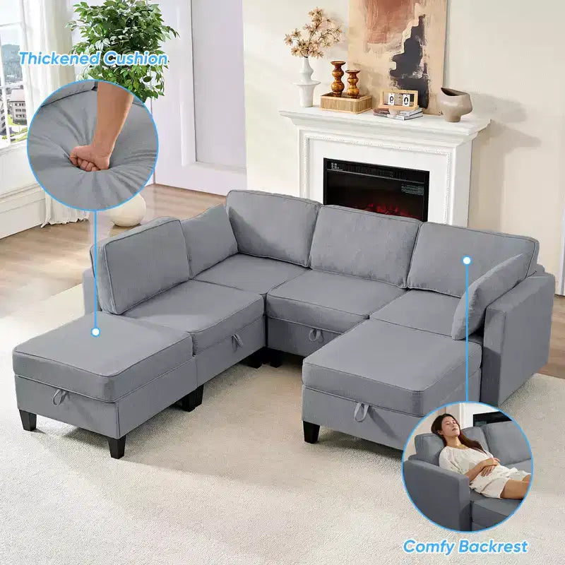 Canapé modulaire 4 places flexible avec poufs, convertible en lit en lin avec espace de rangement