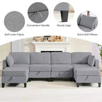 Canapé modulaire 4 places flexible avec poufs, convertible en lit en lin avec espace de rangement