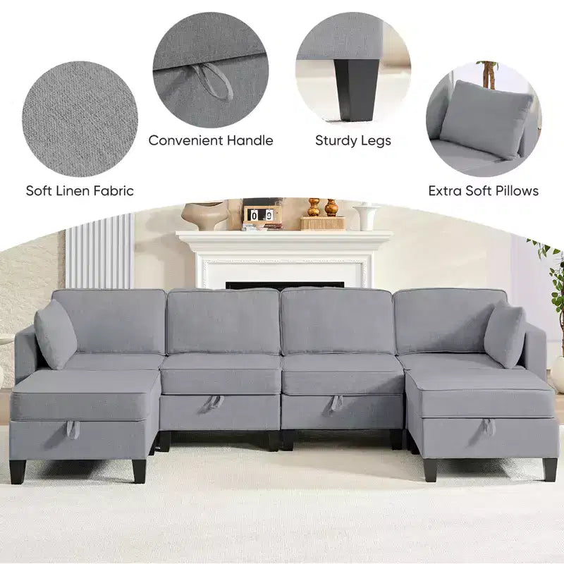 Canapé modulaire 4 places flexible avec poufs, convertible en lit en lin avec espace de rangement