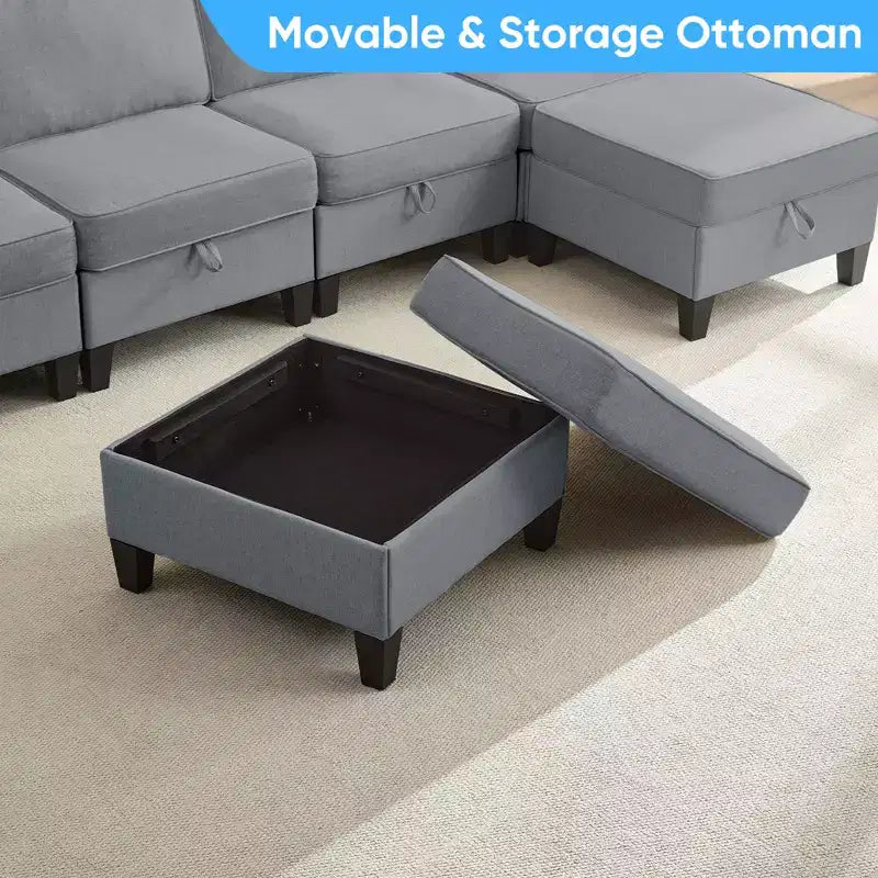 Canapé modulaire 4 places flexible avec poufs, convertible en lit en lin avec espace de rangement