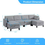 Canapé modulaire 4 places flexible avec poufs, convertible en lit en lin avec espace de rangement