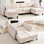 Canapé modulaire 4 places flexible avec poufs, convertible en lit en lin avec espace de rangement
