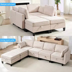 Canapé modulaire 4 places flexible avec poufs, convertible en lit en lin avec espace de rangement