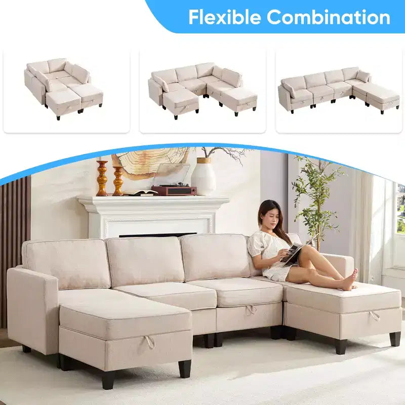 Canapé modulaire 4 places flexible avec poufs, convertible en lit en lin avec espace de rangement