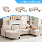 Canapé modulaire 4 places flexible avec poufs, convertible en lit en lin avec espace de rangement