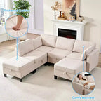 Canapé modulaire 4 places flexible avec poufs, convertible en lit en lin avec espace de rangement