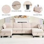 Canapé modulaire 4 places flexible avec poufs, convertible en lit en lin avec espace de rangement