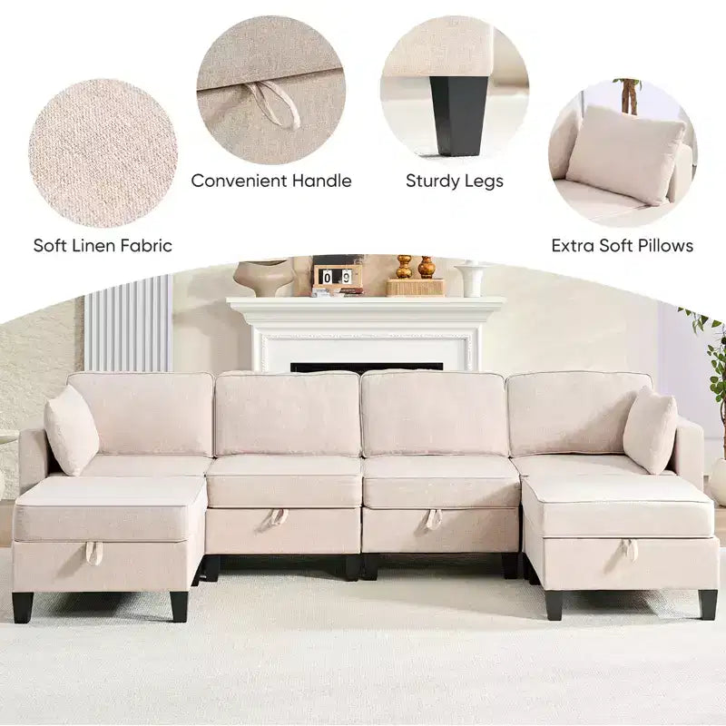 Canapé modulaire 4 places flexible avec poufs, convertible en lit en lin avec espace de rangement