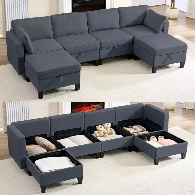Canapé modulaire 4 places flexible avec poufs, convertible en lit en lin avec espace de rangement