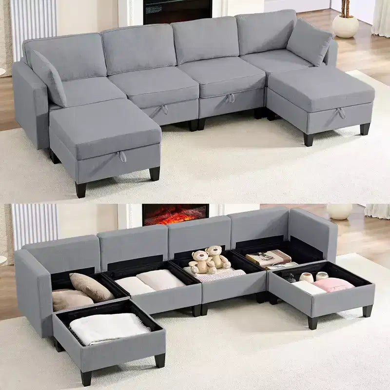 Canapé modulaire 4 places flexible avec poufs, convertible en lit en lin avec espace de rangement
