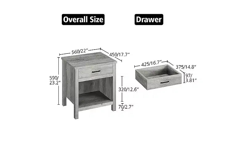 Table de chevet de 22 po de large avec tiroir, table d'appoint grise de salon avec étagère de rangement, table de chevet en bois pour chambre à coucher, chambre de bébé, bureau
