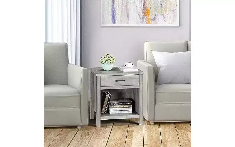 Table de chevet de 22 po de large avec tiroir, table d'appoint grise de salon avec étagère de rangement, table de chevet en bois pour chambre à coucher, chambre de bébé, bureau