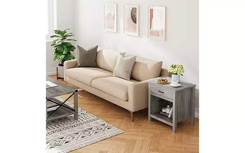 Table de chevet de 22 po de large avec tiroir, table d'appoint grise de salon avec étagère de rangement, table de chevet en bois pour chambre à coucher, chambre de bébé, bureau