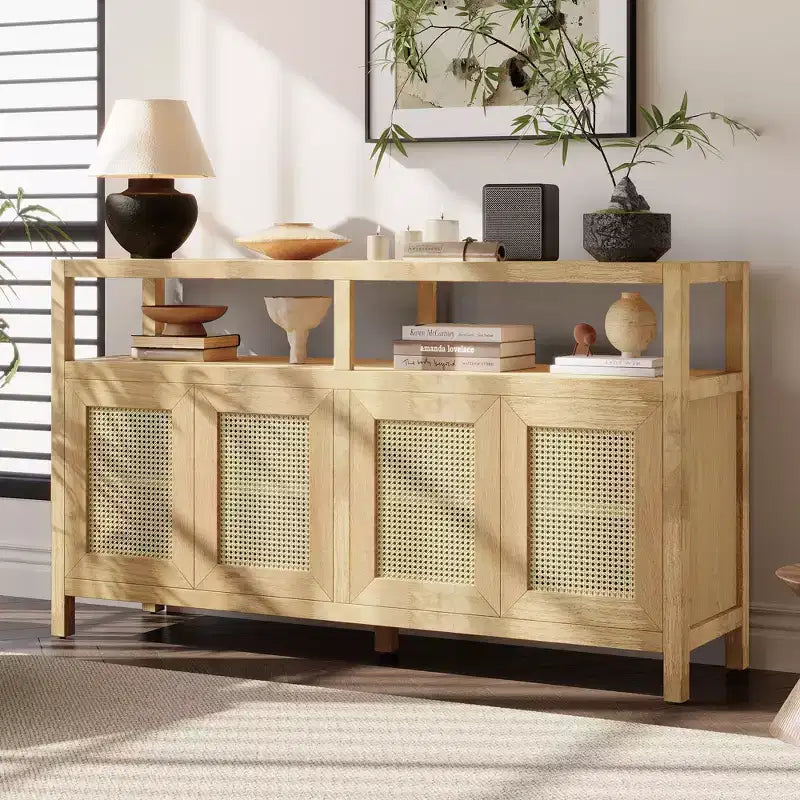 Bahut de style bohème, buffet avec 4 portes et 1 étagère ouverte, meuble de rangement pour salon, salle à manger, cuisine